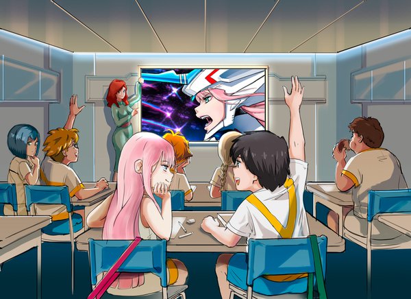 Anime picture 1500x1090 with darling in the franxx studio trigger zero two (darling in the franxx) ichigo (darling in the franxx) hiro (darling in the franxx) strelizia kokoro (darling in the franxx) gorou (darling in the franxx) zorome (darling in the franxx) strelizia apus nana (darling in the franxx) futoshi (darling in the franxx) strelizia true apus albyee long hair looking at viewer fringe short hair breasts open mouth