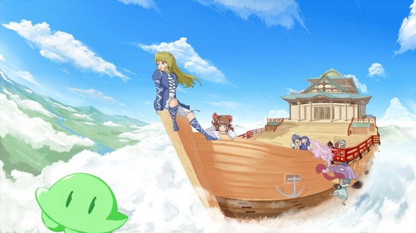 Anime picture 1920x1080 with touhou hakurei reimu hijiri byakuren tatara kogasa nazrin murasa minamitsu toramaru shou kumoi ichirin unzan rmajiro (artist) highres wide image cloud (clouds) girl watercraft ship shrine ufo