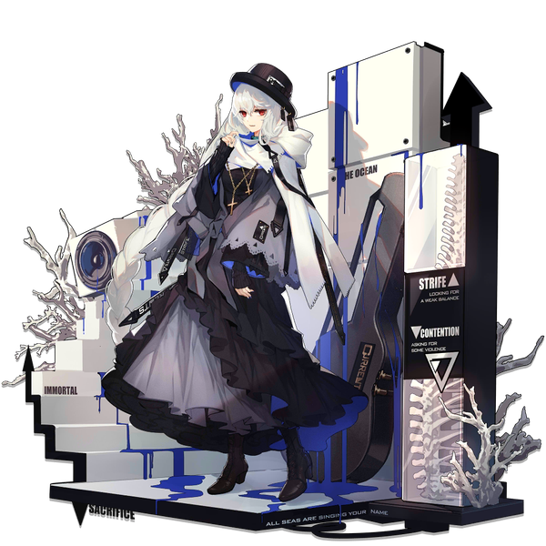 Anime picture 1024x1024 with arknights specter (arknights) specter (undercurrent) (arknights) skade single looking at viewer fringe hair between eyes red eyes full body white hair very long hair official art official alternate costume transparent background girl hat pendant cross stairs