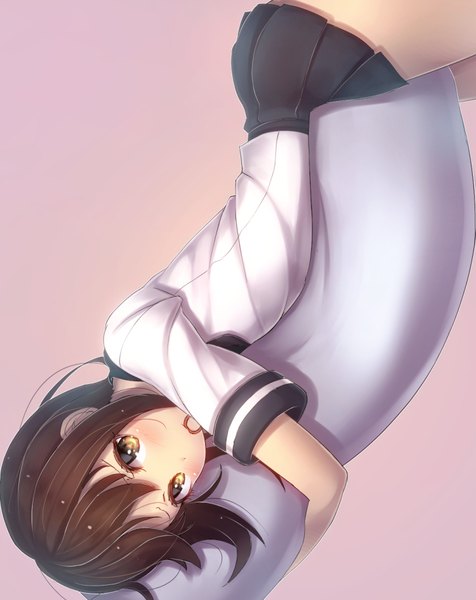 Anime picture 754x950 with kantai collection fubuki destroyer minarai shachou single tall image looking at viewer blush fringe short hair light erotic simple background hair between eyes brown hair holding yellow eyes lying pleated skirt hug mouth hold pink background