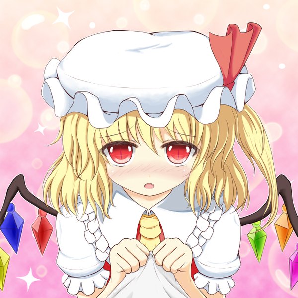 Anime picture 1300x1300 with touhou flandre scarlet oginagirest (artist) single blush short hair blonde hair red eyes loli one side up girl wings bonnet