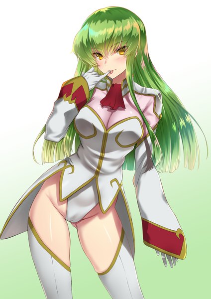 Anime picture 1061x1500 with code geass sunrise (studio) c.c. takecha single long hair tall image looking at viewer blush fringe breasts light erotic simple background hair between eyes large breasts standing yellow eyes payot cleavage long sleeves