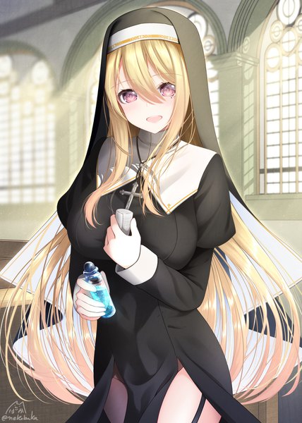 Anime picture 1488x2088 with original nekobaka single long hair tall image looking at viewer blush fringe breasts open mouth blonde hair smile hair between eyes red eyes large breasts standing holding signed indoors long sleeves