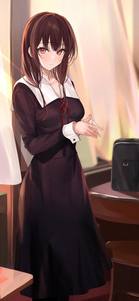Anime picture 950x2048 with kaguya-sama wa kokurasetai ~tensai-tachi no renai zunousen~ a-1 pictures iino miko mexif single long hair tall image looking at viewer fringe red eyes brown hair standing twintails indoors low twintails fingers together girl uniform school uniform curtains