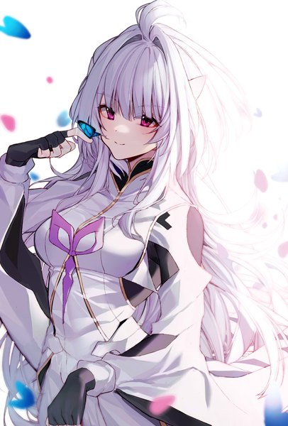 Anime picture 2100x3100 with fate (series) fate/grand order fate/prototype merlin (fate/prototype) shotgunman single long hair tall image fringe highres smile hair between eyes silver hair upper body ahoge pink eyes butterfly on hand girl gloves black gloves