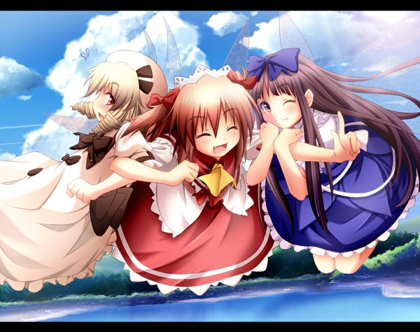 Anime picture 1000x791 with touhou star sapphire luna child sunny milk sui. (ayase) long hair short hair black hair blonde hair red eyes multiple girls cloud (clouds) red hair eyes closed one eye closed wink drill hair girl dress bow