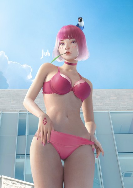 Anime picture 1448x2048 with original greyzie angel jubi (regiana) single tall image looking at viewer blush fringe short hair breasts light erotic simple background large breasts purple eyes bare shoulders signed pink hair sky blunt bangs nail polish