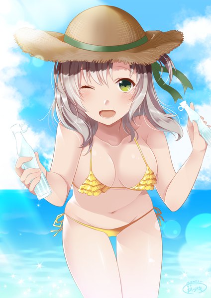 Anime picture 1061x1500 with kantai collection kinugasa heavy cruiser kazuki (kaduki kan) single long hair tall image looking at viewer blush fringe breasts open mouth light erotic smile hair between eyes standing holding green eyes signed payot sky
