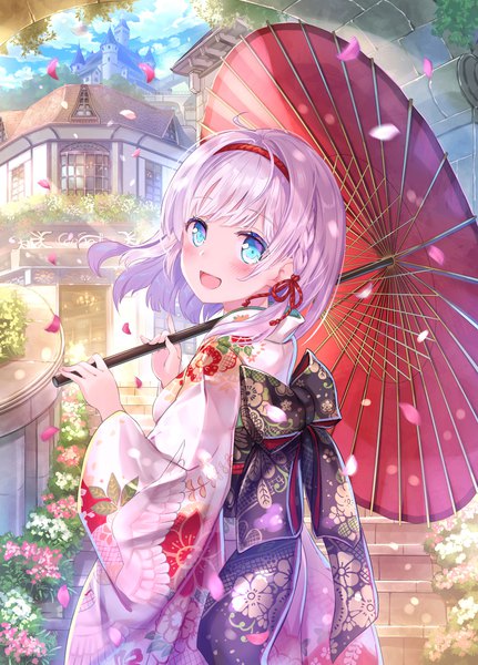 Anime picture 1500x2086 with original kanipanda single tall image looking at viewer blush fringe short hair open mouth blue eyes standing holding outdoors white hair blunt bangs traditional clothes :d japanese clothes looking back wind