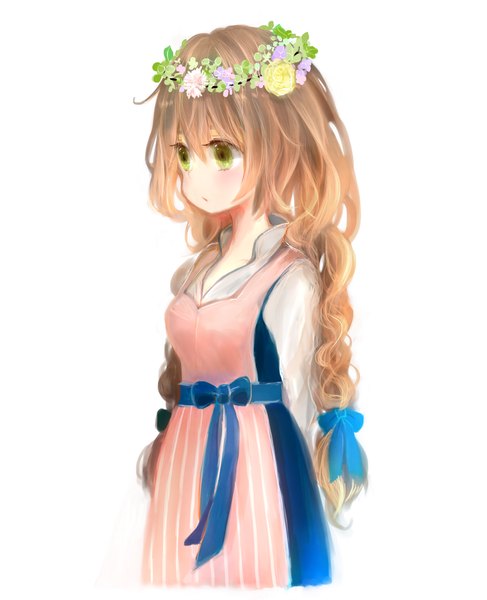 Anime picture 1680x2067 with original mari (milkuro-cat) single long hair tall image blush fringe simple background blonde hair white background green eyes looking away braid (braids) twin braids hands behind back girl dress bow hair bow wreath
