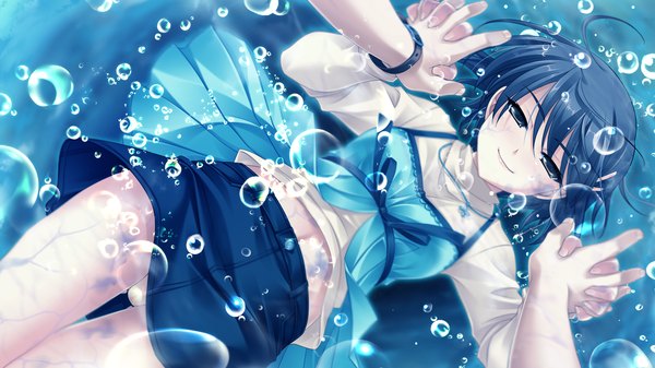 Anime picture 2048x1152 with midori no umi yukie (peach candy) highres short hair black hair wide image brown eyes game cg girl water bubble (bubbles)