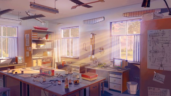 Anime picture 1920x1080 with everlasting summer original iichan eroge arsenixc vvcephei highres wide image indoors sunlight wallpaper no people collaboration window table bottle paper desk aircraft airplane pencil