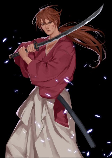 Anime picture 1000x1415 with rurouni kenshin himura kenshin auau single long hair tall image fringe simple background brown hair ponytail traditional clothes japanese clothes lips black eyes black background scar fighting stance boy weapon petals