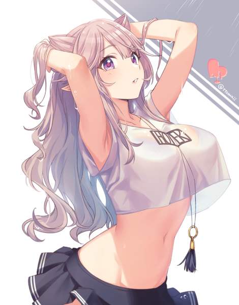 Anime picture 800x1021 with original tomari (veryberry00) single long hair tall image looking at viewer blush fringe breasts light erotic simple background hair between eyes large breasts standing purple eyes signed silver hair parted lips pointy ears arms up