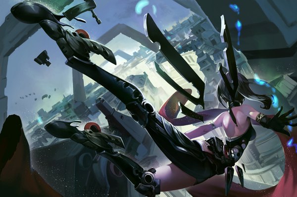 Anime picture 2000x1331 with original iorlvm single long hair highres bare shoulders sky ponytail grey hair back spread arms falling mechanical mechanical wings girl gloves wings black gloves armor building (buildings)