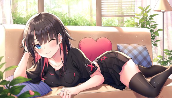 Anime picture 2000x1144 with original soyubee single long hair looking at viewer blush fringe highres breasts blue eyes black hair smile wide image large breasts indoors lying pleated skirt one eye closed multicolored hair wink