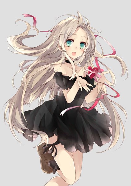 Anime picture 2480x3507 with original sum (pixiv id4404716) long hair tall image highres open mouth simple background blonde hair bare shoulders aqua eyes grey background legs happy girl dress ribbon (ribbons) socks shoes heart black dress