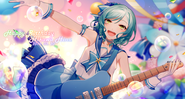 Anime picture 2800x1500 with bang dream! hikawa hina asd13 single looking at viewer blush highres short hair open mouth wide image green eyes braid (braids) :d aqua hair dutch angle character names twin braids outstretched arm dated happy birthday