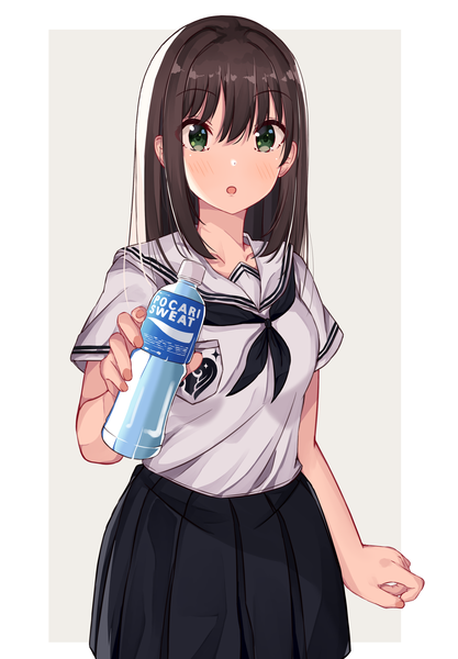 Anime picture 2340x3367 with idolmaster idolmaster cinderella girls pocari sweat shibuya rin norazura single long hair tall image looking at viewer blush fringe highres open mouth simple background hair between eyes brown hair standing holding green eyes payot