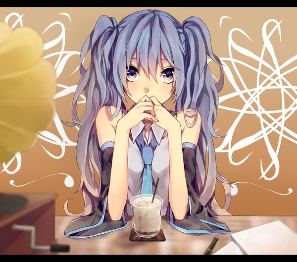 Anime picture 1700x1500 with vocaloid hatsune miku ri-rihoo single long hair looking at viewer blue eyes twintails bare shoulders blue hair girl detached sleeves necktie glass