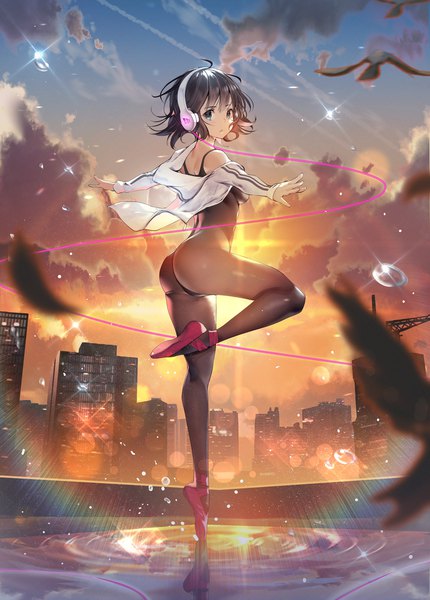 Anime picture 1466x2046 with original teddy (khanshin) single tall image looking at viewer blush fringe short hair breasts open mouth blue eyes light erotic black hair hair between eyes sky cloud (clouds) full body ahoge bent knee (knees) outdoors
