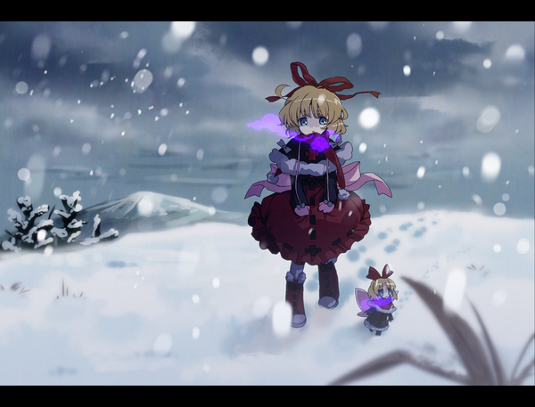 Anime picture 1050x800 with touhou medicine melancholy su-san amo short hair blue eyes blonde hair multiple girls ahoge wind snowing letterboxed winter snow exhalation fairy girl dress ribbon (ribbons) bow