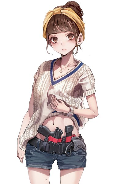 Anime picture 4283x6725 with original koh (minagi kou) single tall image looking at viewer blush fringe highres short hair simple background brown hair standing white background brown eyes payot absurdres blunt bangs mole short sleeves girl