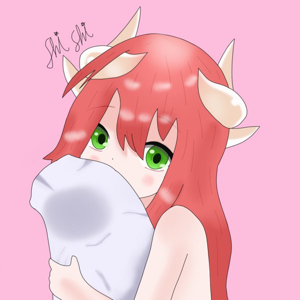 Anime picture 1500x1500 with original shishi gum single long hair looking at viewer blush fringe simple background hair between eyes green eyes signed upper body red hair horn (horns) loli pink background covered mouth pillow hug girl pillow