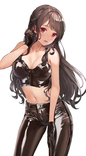 Anime picture 506x915 with original lunacle single long hair tall image looking at viewer blush fringe breasts open mouth light erotic simple background red eyes brown hair large breasts standing white background bare shoulders payot cleavage
