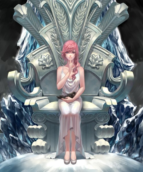Anime picture 4000x4800 with final fantasy xiii lightning farron fenbei single long hair tall image looking at viewer fringe highres sitting holding green eyes pink hair absurdres alternate costume finger to mouth wavy hair girl dress animal