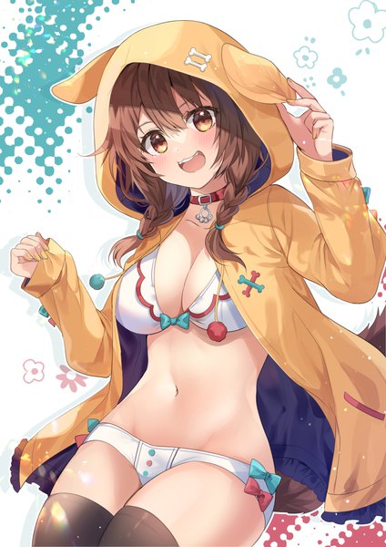 Anime picture 800x1132 with virtual youtuber hololive inugami korone chocho (homelessfox) single long hair tall image looking at viewer blush fringe breasts open mouth light erotic smile hair between eyes brown hair white background sitting brown eyes payot