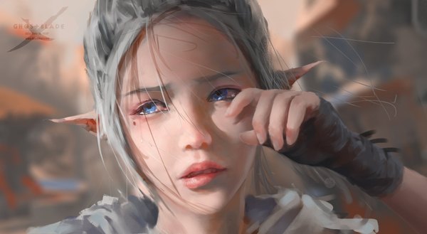 Anime picture 1600x878 with ghost blade yan (ghost blade) wlop single long hair blue eyes wide image signed looking away ponytail parted lips wind lips pointy ears grey hair realistic mole teeth mole under eye tears