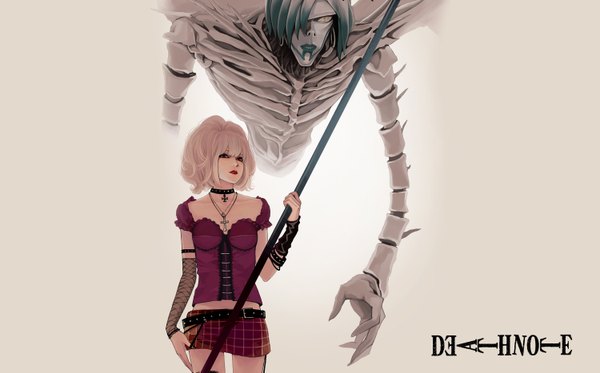 Anime picture 3000x1865 with death note madhouse amane misa rem (death note) highres short hair blonde hair red eyes wide image inscription lipstick gothic girl miniskirt belt cross scythe