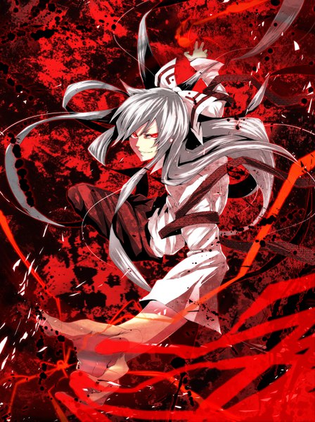 Anime picture 1024x1369 with touhou fujiwara no mokou pizaya single long hair tall image smile red eyes silver hair very long hair from above genderswap boy hair ornament bow hair bow blood suspenders