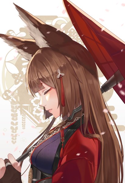 Anime picture 821x1200 with azur lane amagi (azur lane) whitecrow4444 single long hair tall image blush fringe simple background brown hair holding animal ears upper body blunt bangs eyes closed traditional clothes japanese clothes profile fox ears girl