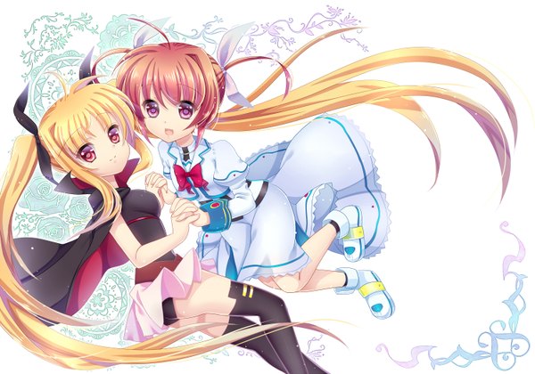 Anime picture 1500x1052 with mahou shoujo lyrical nanoha fate testarossa takamachi nanoha wa sakaidera umeko long hair short hair open mouth blonde hair red eyes twintails multiple girls red hair loli girl thighhighs dress bow black thighhighs 2 girls hair bow