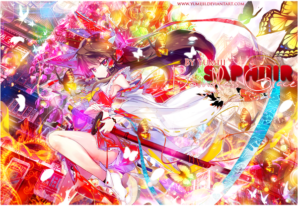 Anime picture 1300x900 with touhou hakurei reimu yui (niikyouzou) yumijii single long hair red eyes brown hair traditional clothes inscription girl weapon detached sleeves sword frills katana insect butterfly sheath