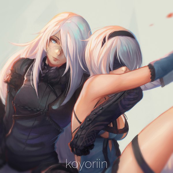 Anime picture 900x900 with nier nier:automata yorha no. 2 type b yorha type a no. 2 kaine (nier) nier (young) koyoriin long hair looking at viewer fringe short hair breasts blue eyes light erotic simple background sitting bare shoulders multiple girls signed cleavage