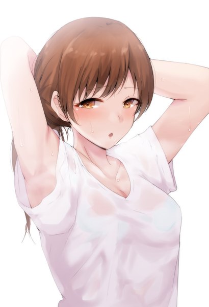 Anime picture 4100x6000 with idolmaster idolmaster cinderella girls nitta minami ryuu. single long hair tall image looking at viewer blush fringe highres breasts open mouth light erotic simple background brown hair white background brown eyes absurdres upper body