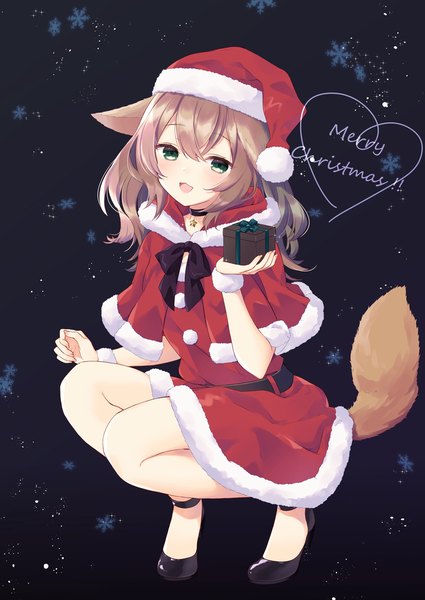 Anime picture 724x1023 with original purin jiisan single long hair tall image fringe open mouth hair between eyes brown hair green eyes animal ears tail :d animal tail bare legs christmas squat merry christmas dog ears dog tail