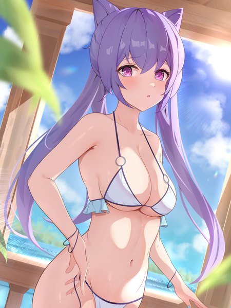 Anime picture 1920x2560 with genshin impact keqing (genshin impact) tokutokenzen single long hair tall image looking at viewer blush fringe highres breasts light erotic hair between eyes standing purple eyes twintails payot sky cleavage purple hair