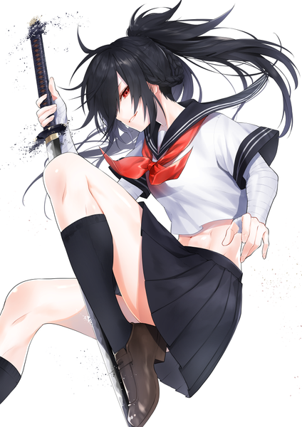 Anime picture 800x1133 with original waka (shark waka) single long hair tall image looking at viewer fringe black hair simple background red eyes white background holding payot bent knee (knees) ponytail braid (braids) parted lips pleated skirt hair over one eye side braid
