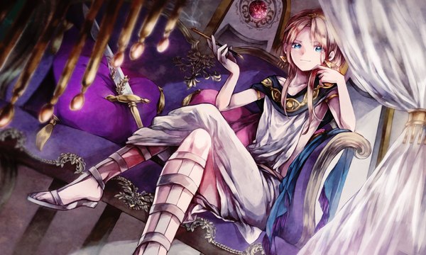 Anime picture 2000x1200 with magi the labyrinth of magic a-1 pictures titus alexius eim single long hair highres blue eyes blonde hair wide image sitting crossed legs smoking boy sword pillow couch arabian clothes