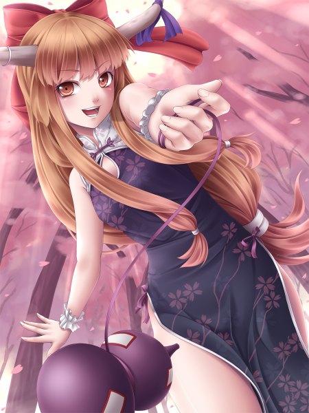 Anime picture 900x1200 with touhou ibuki suika mochi.f single long hair tall image open mouth brown hair brown eyes horn (horns) chinese clothes girl bow hair bow petals chinese dress