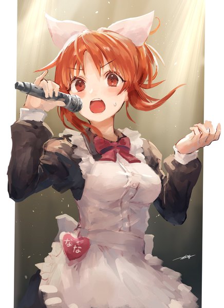 Anime picture 1489x2048 with idolmaster idolmaster cinderella girls abe nana kouzuki kei single tall image looking at viewer blush short hair open mouth signed ponytail orange hair maid orange eyes character names sweatdrop singing pinky out girl