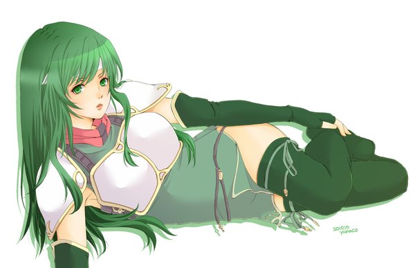 Anime picture 1000x646 with fire emblem fire emblem: mystery of the emblem nintendo paola yunako (artist) single long hair simple background white background green eyes green hair girl thighhighs dress gloves black thighhighs elbow gloves