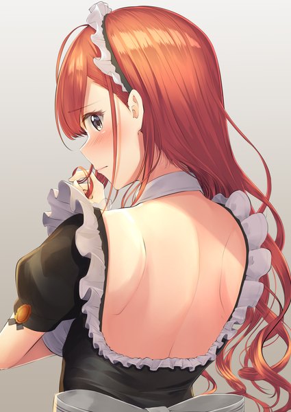 Anime picture 2508x3541 with idolmaster idolmaster shiny colors arisugawa natsuha megurumiru single long hair tall image looking at viewer blush fringe highres breasts simple background standing brown eyes upper body profile looking back from behind orange hair