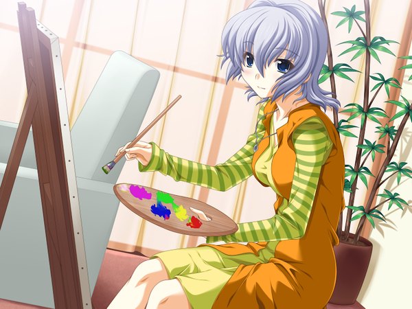 Anime picture 1200x900 with executor script single looking at viewer fringe short hair blue eyes hair between eyes sitting game cg silver hair sleeves past wrists girl dress plant (plants) window pendant necklace couch potted plant paintbrush