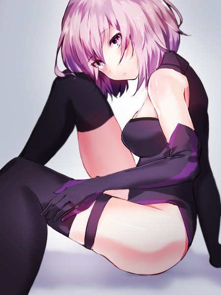 Anime picture 1668x2224 with fate (series) fate/grand order mash kyrielight syuuu sen single tall image looking at viewer blush fringe short hair breasts light erotic simple background hair between eyes sitting purple eyes purple hair parted lips head tilt grey background