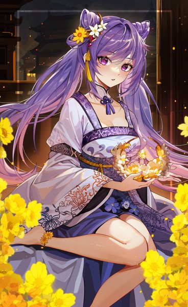 Anime picture 1205x1967 with genshin impact keqing (genshin impact) chen ying (alan-yut) single long hair tall image fringe hair between eyes purple eyes twintails holding purple hair traditional clothes barefoot hair flower bare legs hair bun (hair buns) alternate costume chinese clothes girl